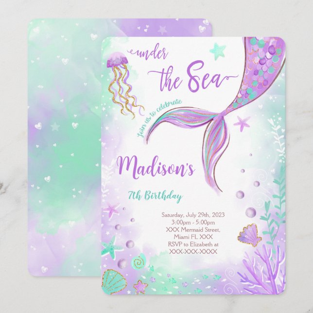 Lila Mermaid zum Geburtstag Einladung (Vorne/Hinten)