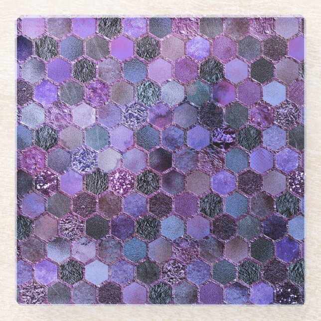 Lila Metallfolien-Glitzerbienenwabenluxusmuster Glasuntersetzer (Vorderseite)