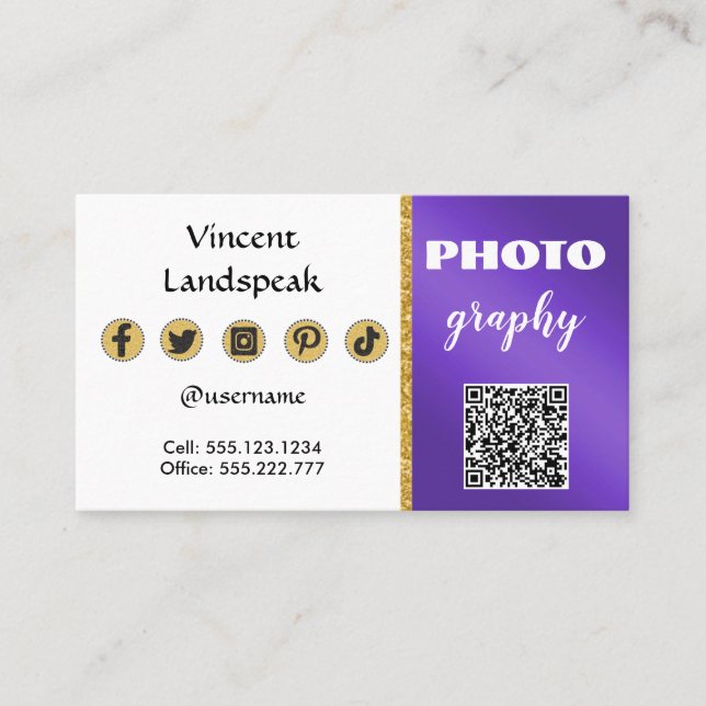 Lila Metallic Gold Glitzer QR Code Fotografie Visitenkarte (Vorderseite)