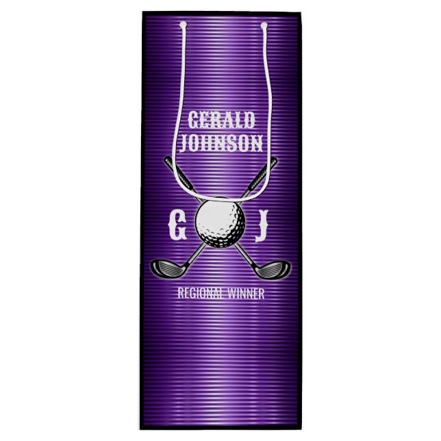 Lila Metallic Lines Golf Monogram Design Geschenktüte Für Weinflaschen (Vorderseite)