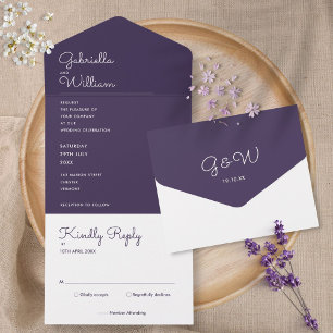 Lila minimalist Schrift Monogramm Hochzeit All In One Einladung