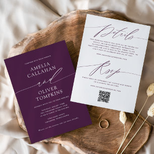 Lila minimalistische doppelseitige Hochzeitseinlad Einladung