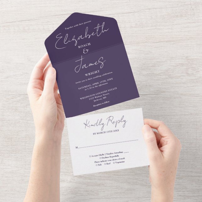 Lila Minimalistische Hochzeit All In One Einladung (Abreißen)