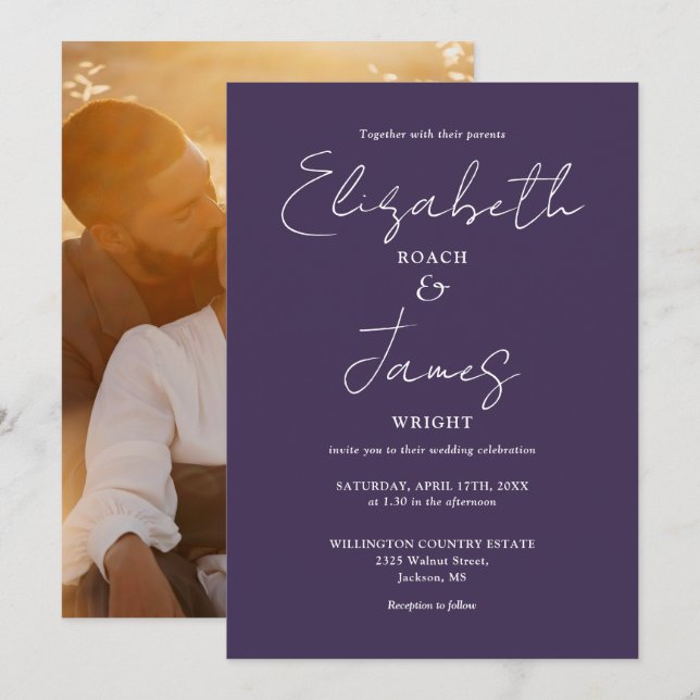 Lila Minimalistische Script-Foto-Hochzeit Einladung (Vorne/Hinten)