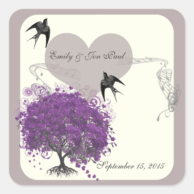 Lila Mink Herzleaf Tree Hochzeiten Quadratischer Aufkleber (Vorderseite)