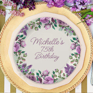 Lila Mint Grün Wasserfarben Floral 75. Geburtstag Pappteller