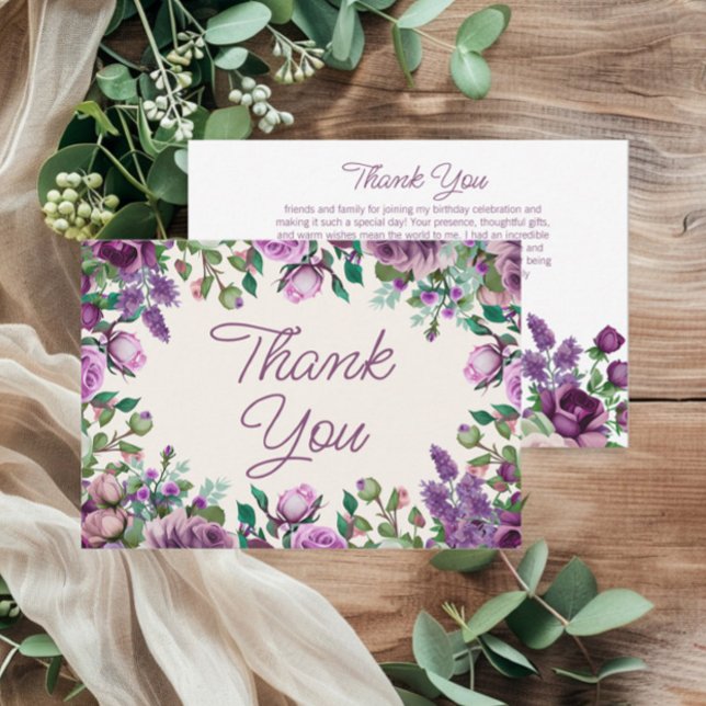Lila Minze Grüne Wasserfarbe Blumengeburt Dankeskarte (Purple and mint green floral birthday party thank you card)