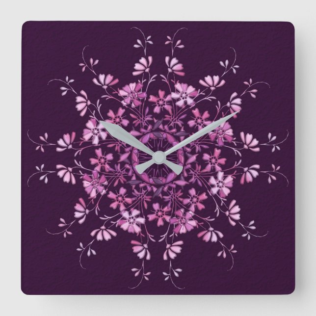 Lila Mit Blumenmandala. Quadratische Wanduhr (Vorderseite)