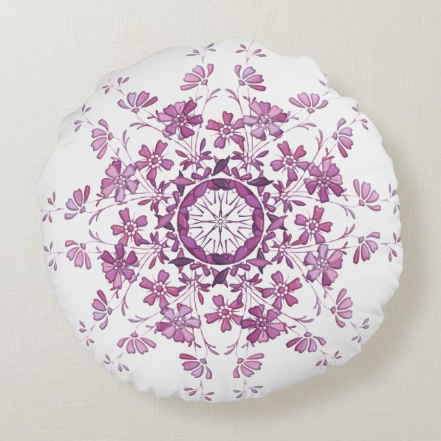lila Mit Blumenmandala. Rundes Kissen (Rückseite)