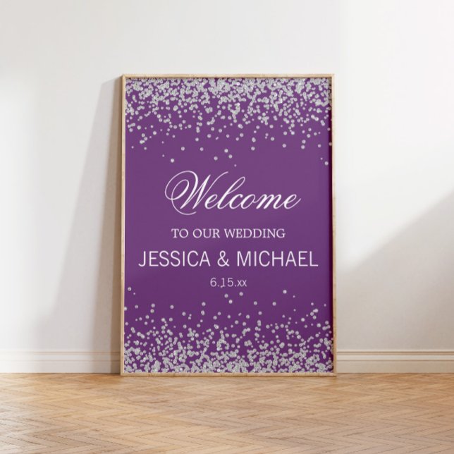 Lila mit glänzender Silver Glitzer-Hochzeit Poster (Custom purple "Welcome to our wedding" with silver glitter)