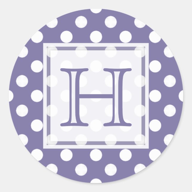 Lila mit Monogramm-Aufklebern mit weißem Polka-Dot Runder Aufkleber (Vorderseite)