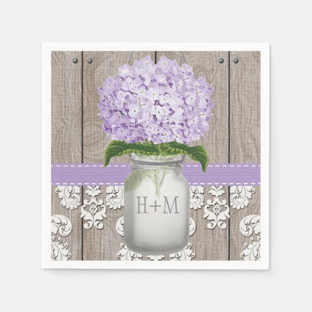 Lila Mit Monogramm Hydrangea Mason Jar Serviette (Vorderseite)