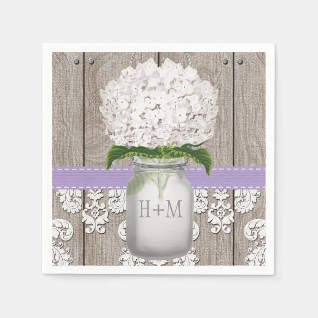 Lila Mit Monogramm White Hydrangea Mason Jar Serviette (Vorderseite)