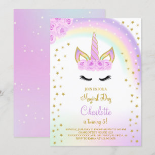 Lila mit Regenbogen Einhorn einladen Einladung