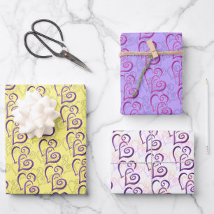 Lila, miteinander verbundene Herz-Muster-Papierbl Geschenkpapier Set