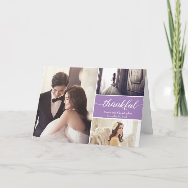 Lila moderne Foto Collage Hochzeit Vielen Dank Karte (Vorderseite)