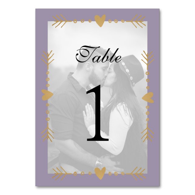 Lila Moderne Foto Gold Hearts Tischnummer (Vorderseite)