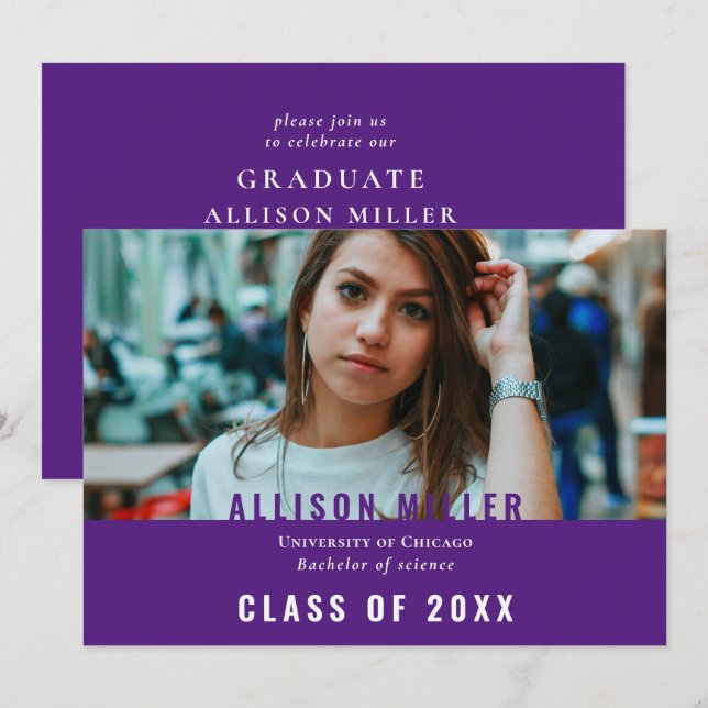 Lila-Moderne Foto-Graduierungspartei Einladung (Vorne/Hinten)