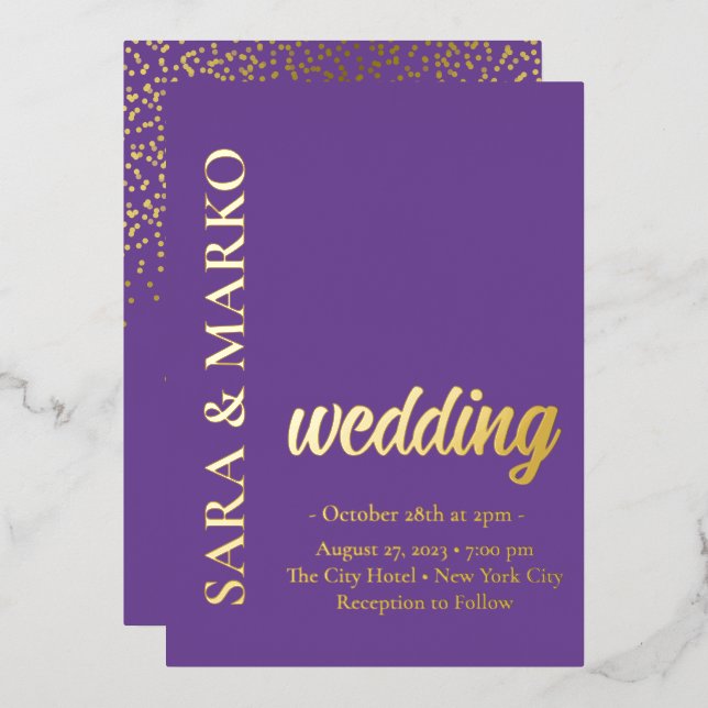 Lila moderne NAMES Einfache Hochzeit Folieneinladung (Vorderseite/Rückseite)