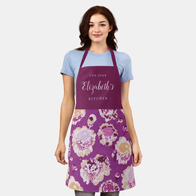 Lila modernes Blumenmuster personalisierte Küche Schürze (Getragen)
