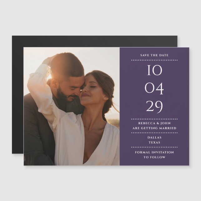 Lila modernes Hochzeitsszenario Foto Save the Date Magneteinladung (Vorne/Hinten)