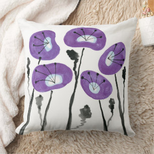 Lila Mohnblumen Boho Moderne Wasserfarben Blumen Kissen