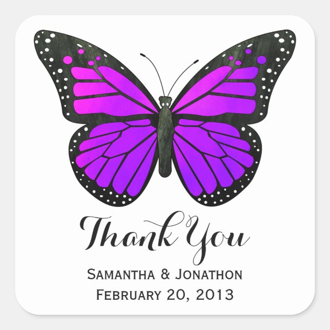 Lila Monarch Butterfly Wedding Danke Quadratischer Aufkleber (Vorderseite)