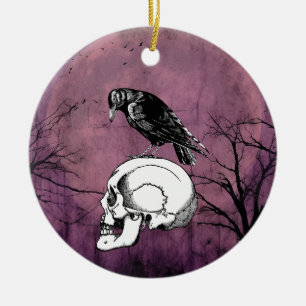 Lila Mond mit Kruge oder Raven und Schädel Keramik Ornament