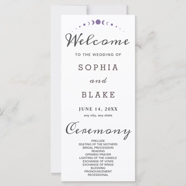 Lila Mondphasen-White-Wedding-Programm (Vorderseite)