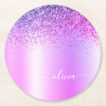 Lila Monogram Glitzer Sparkle Girly Script Runder Pappuntersetzer<br><div class="desc">Lila Imitate belichten metallische Sparkle Glitzer gebürstete Metal Monogram Name Paper Untersetzer. Dies macht den perfekten Abschluss,  Geburtstag,  Hochzeit,  Brautparty,  Jubiläum,  Babydusche oder Junggeselinnen-Abschied Geschenk für jemanden,  die Lieben glamourösen Luxus und schicke Stile.</div>