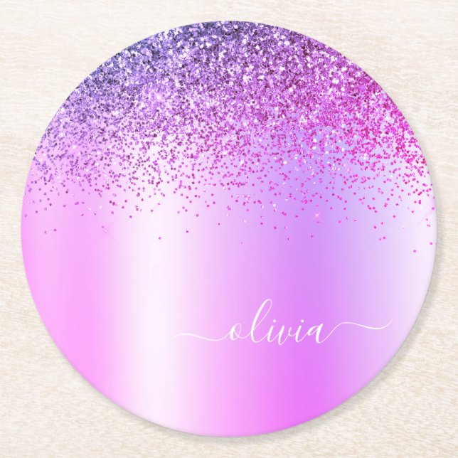Lila Monogram Glitzer Sparkle Girly Script Runder Pappuntersetzer (Vorderseite)