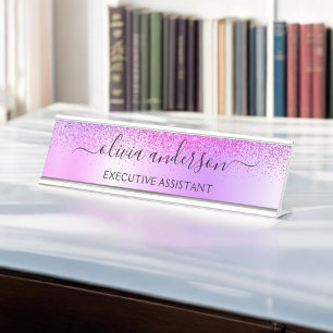 Lila Monogram Glitzer Sparkle Girly Script Schreibtischnamensplakette