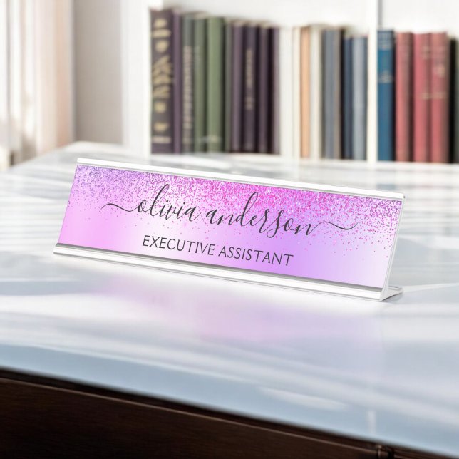 Lila Monogram Glitzer Sparkle Girly Script Schreibtischnamensplakette (Von Creator hochgeladen)
