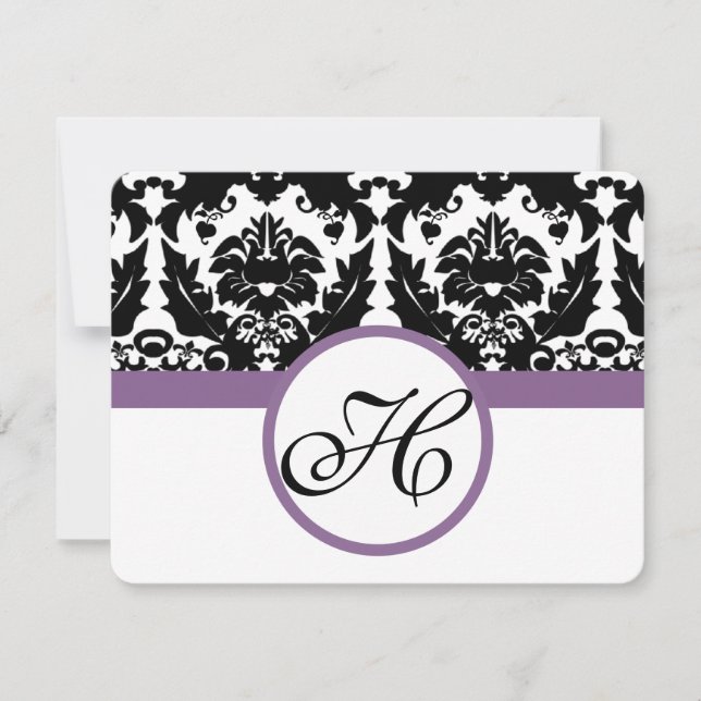 Lila Monogram Heart Damask Gram UAWG RSVP Karte (Vorderseite)