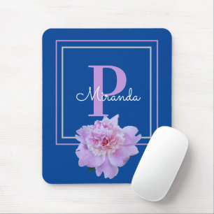 Lila Monogram Pink Peony Blumen Blue Mousepad