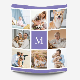 lila Monogramm für die Collage-Familie mit 8 Fotos Fleecedecke