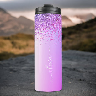 Lila Monogramm Glitter Funkeln Mädchen-Schrift Thermosbecher