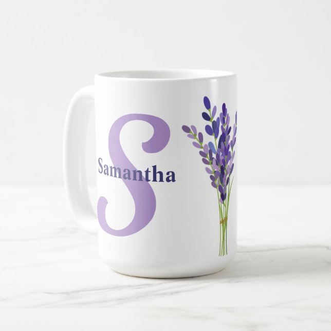 Lila Monogramm mit Foto Kaffeetasse (Vorderseite Links)