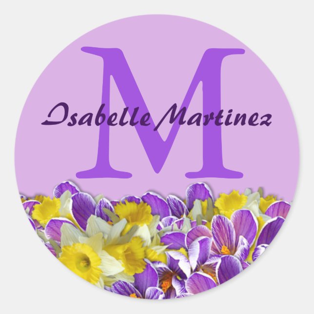 Lila Monogramm-Namensaufkleber mit Frühlingsblumen Runder Aufkleber (Vorderseite)