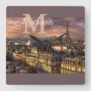 Lila Monogramm Paris Frankreich Eiffelturm Foto Quadratische Wanduhr