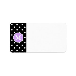 Lila Monogramm Schwarz-weiße Polka-Punkte Adressaufkleber