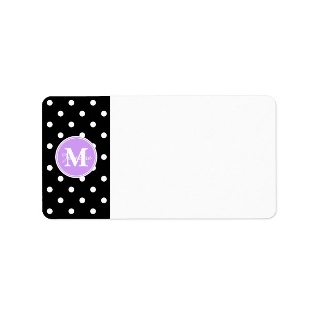 Lila Monogramm Schwarz-weiße Polka-Punkte Adressaufkleber (Vorne)