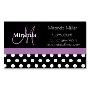 Lila Monogramm Schwarz-weißer Polka-Dot Magnetische Visitenkarte