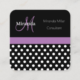 Lila Monogramm Schwarz-weißer Polka-Dot Quadratische Visitenkarte