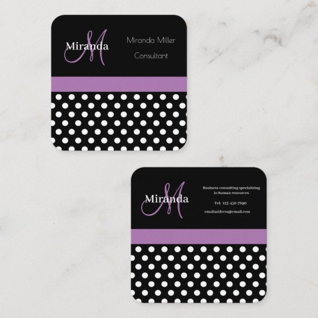 Lila Monogramm Schwarz-weißer Polka-Dot Quadratische Visitenkarte (Vorne/Hinten)