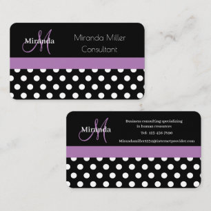 Lila Monogramm Schwarz-weißer Polka-Dot Visitenkarte