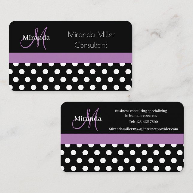Lila Monogramm Schwarz-weißer Polka-Dot Visitenkarte (Vorne/Hinten)
