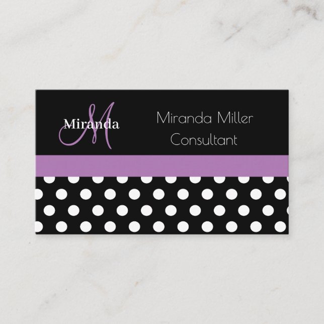 Lila Monogramm Schwarz-weißer Polka-Dot Visitenkarte (Vorderseite)