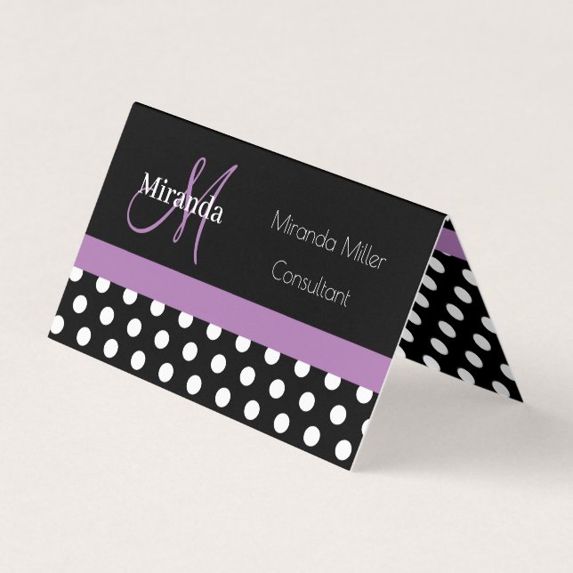 Lila Monogramm Schwarz-weißer Polka-Dot Visitenkarten (Vorderseite)