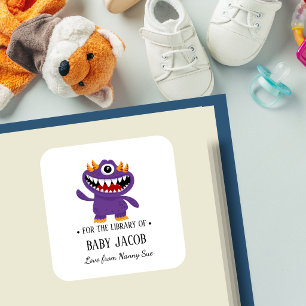 Lila Monster Baby Kleinkind personalisiertes Buchs Quadratischer Aufkleber